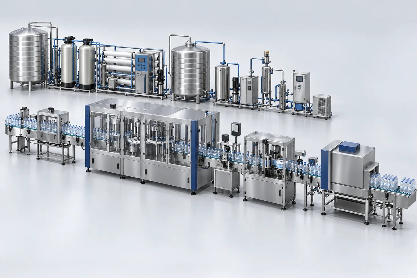 60 BPM mineral water bottling line with treatment, filling and packaging equipment — representative illustration
